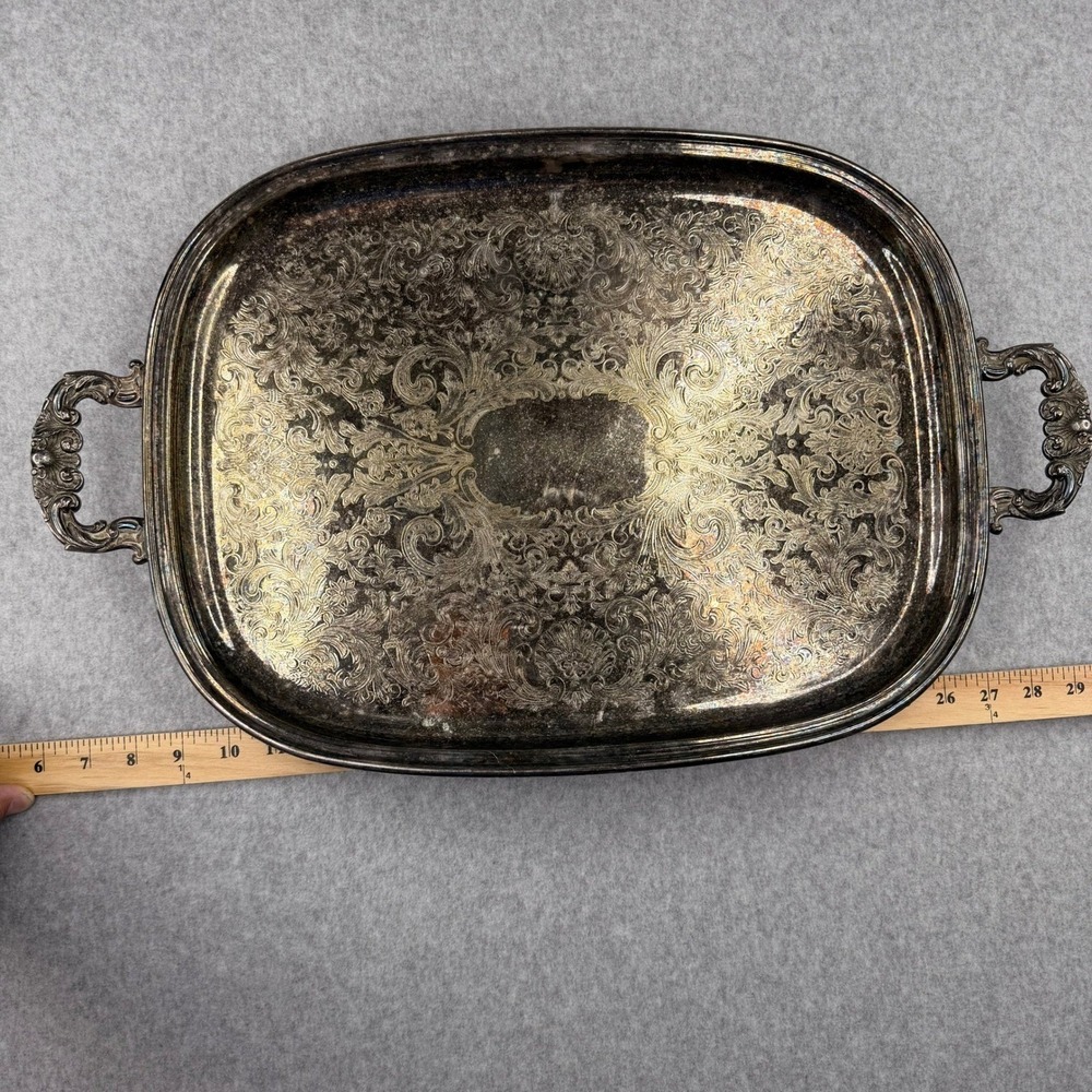 Wm A Rogers Silver Plate Over Brass Footed Serving Tray Engraved Floral 2385 1/2